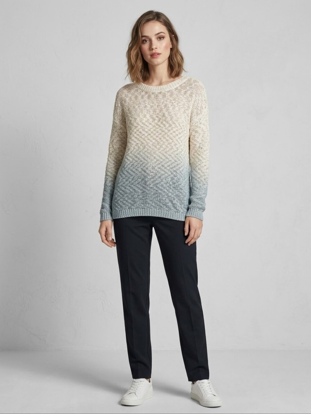 QED London large open knit beige teal ombre sparkle soft longsleeve knit sweater